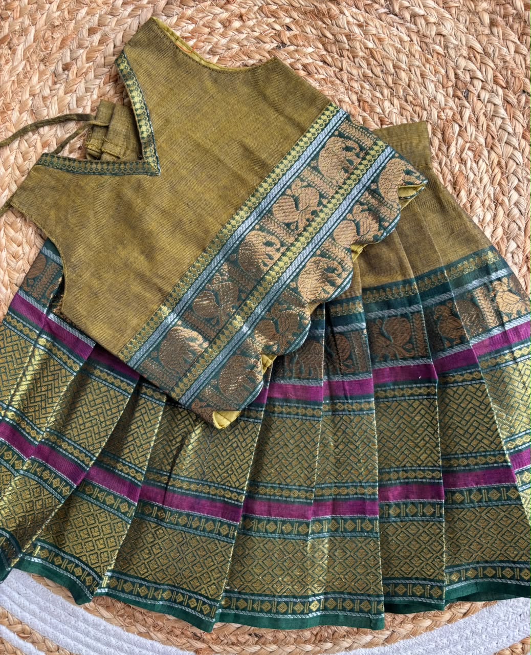 Olive Green Traditional langa blouse pure kanchi cotton weave sleeveless for baby girl
