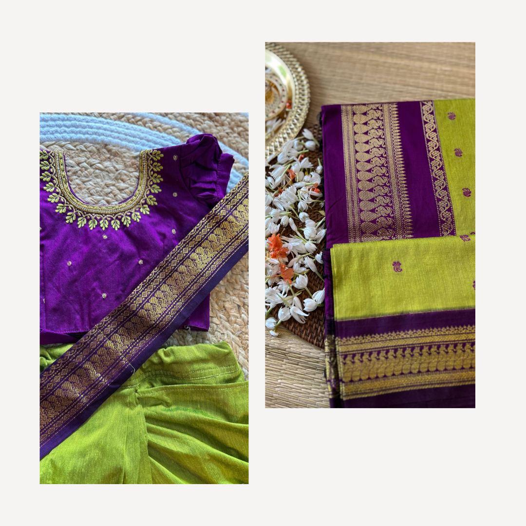 Green & wine - Baby saree & mom cotton silk saree ( mom and daughter combo set )