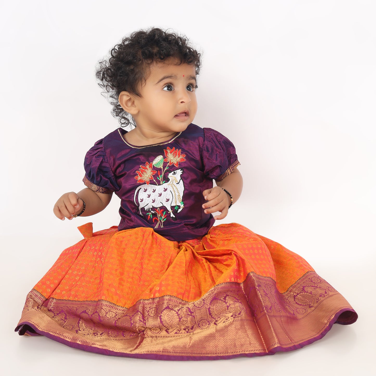 Parnashavari - Midnight Purple and Neon Orange traditional langa blouse kamadenu cow embroidered zari border ethnic wear pattu pavadai silk for baby girl