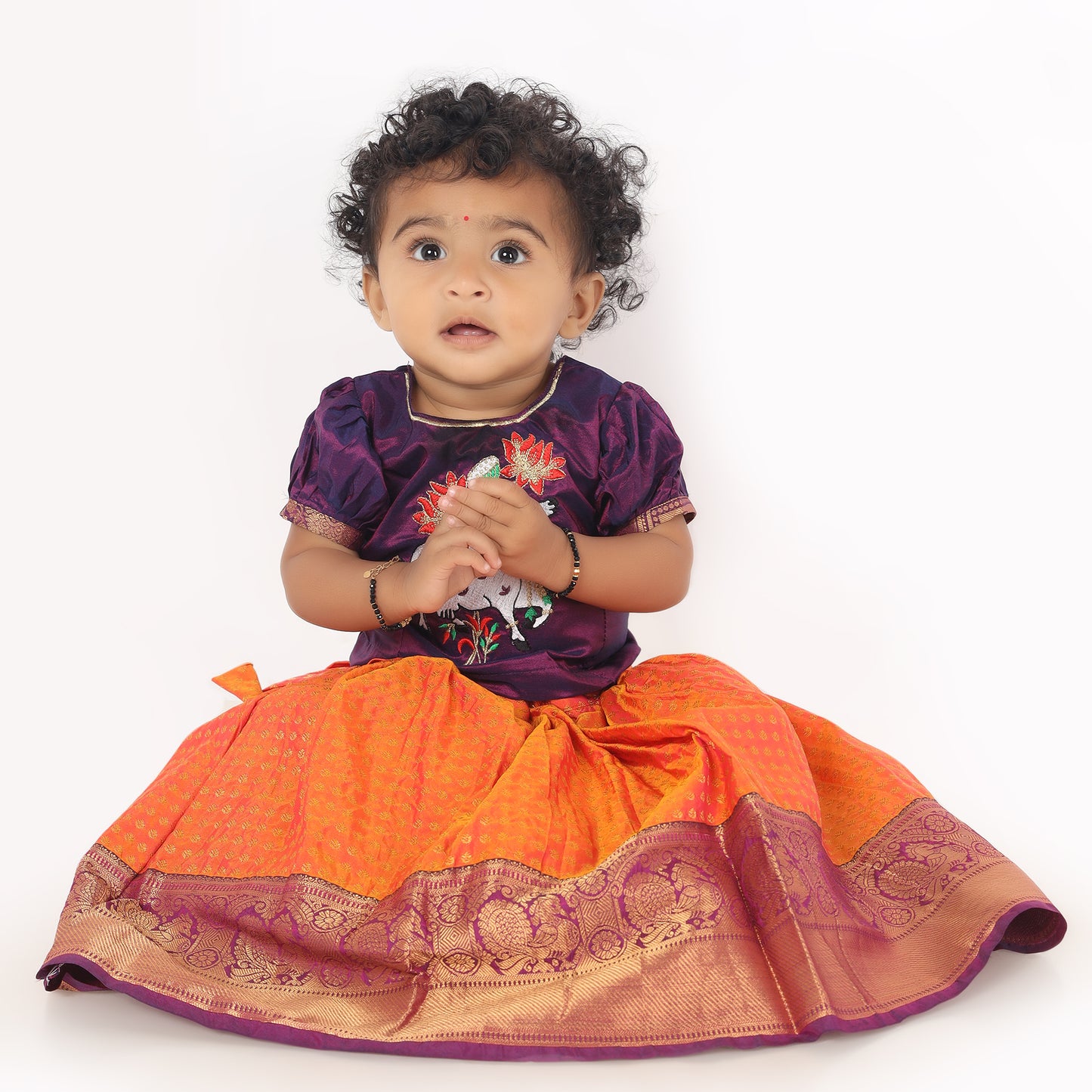Parnashavari - Midnight Purple and Neon Orange traditional langa blouse kamadenu cow embroidered zari border ethnic wear pattu pavadai silk for baby girl