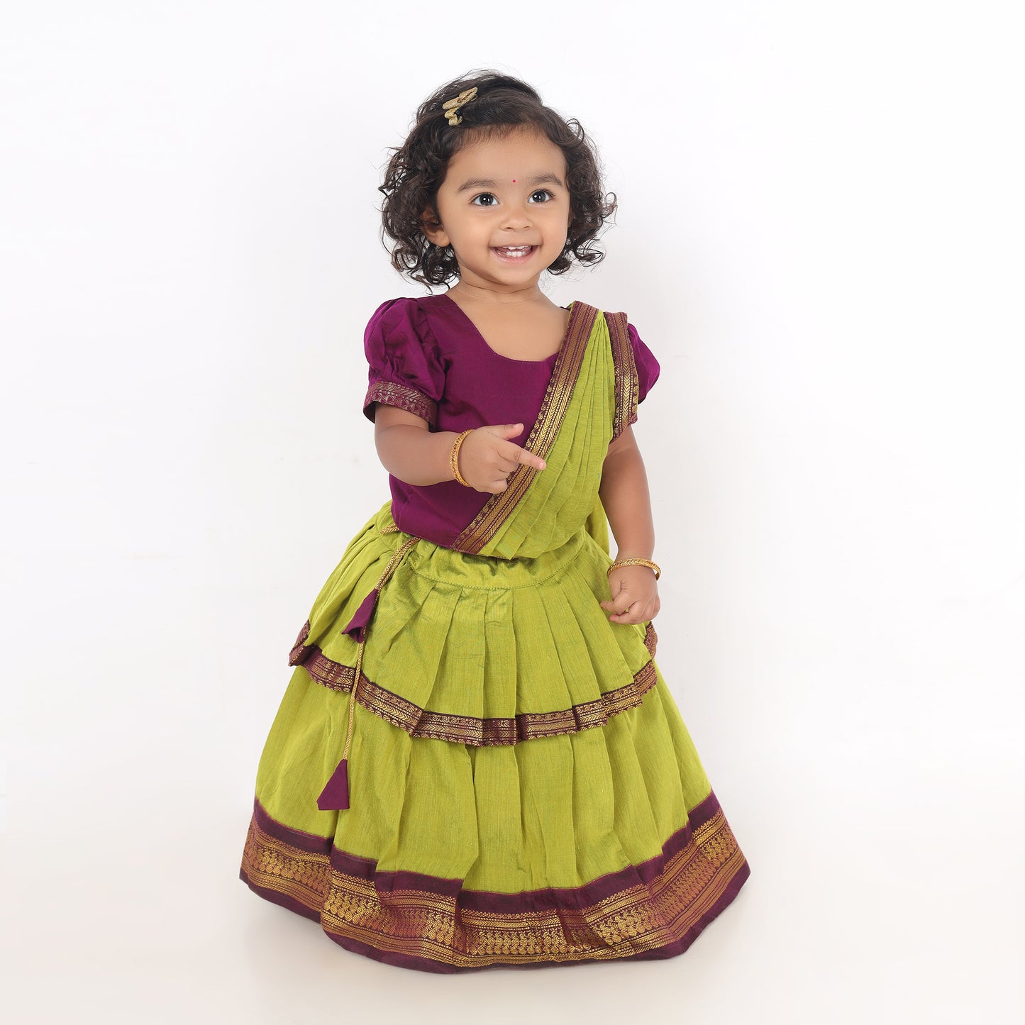 Green and wine traditional half saree for girls, ethnic wear for baby girl (100% Pure Cotton)