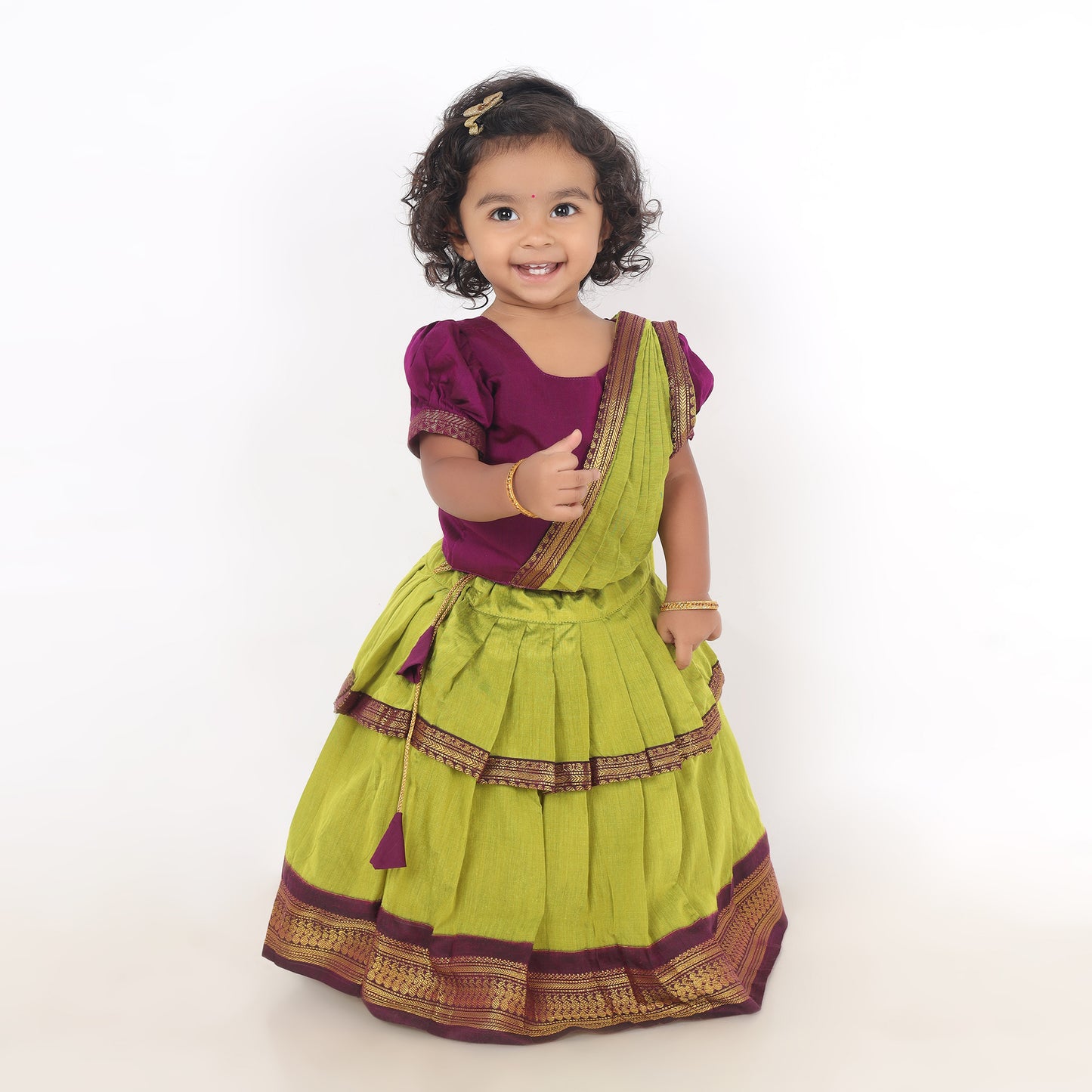 Green and wine traditional half saree for girls, ethnic wear for baby girl (100% Pure Cotton)