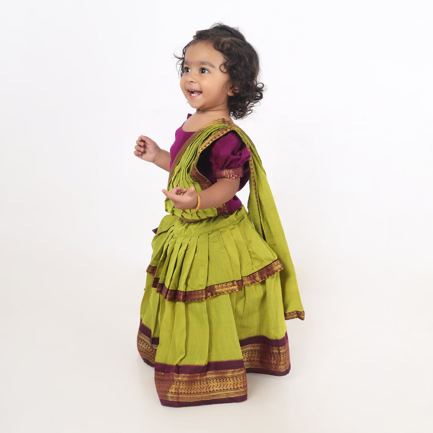 Green and wine traditional half saree for girls, ethnic wear for baby girl (100% Pure Cotton)