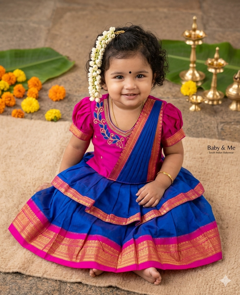Royal blue with pink traditional Ready to wear saree for Baby Girl / Kids