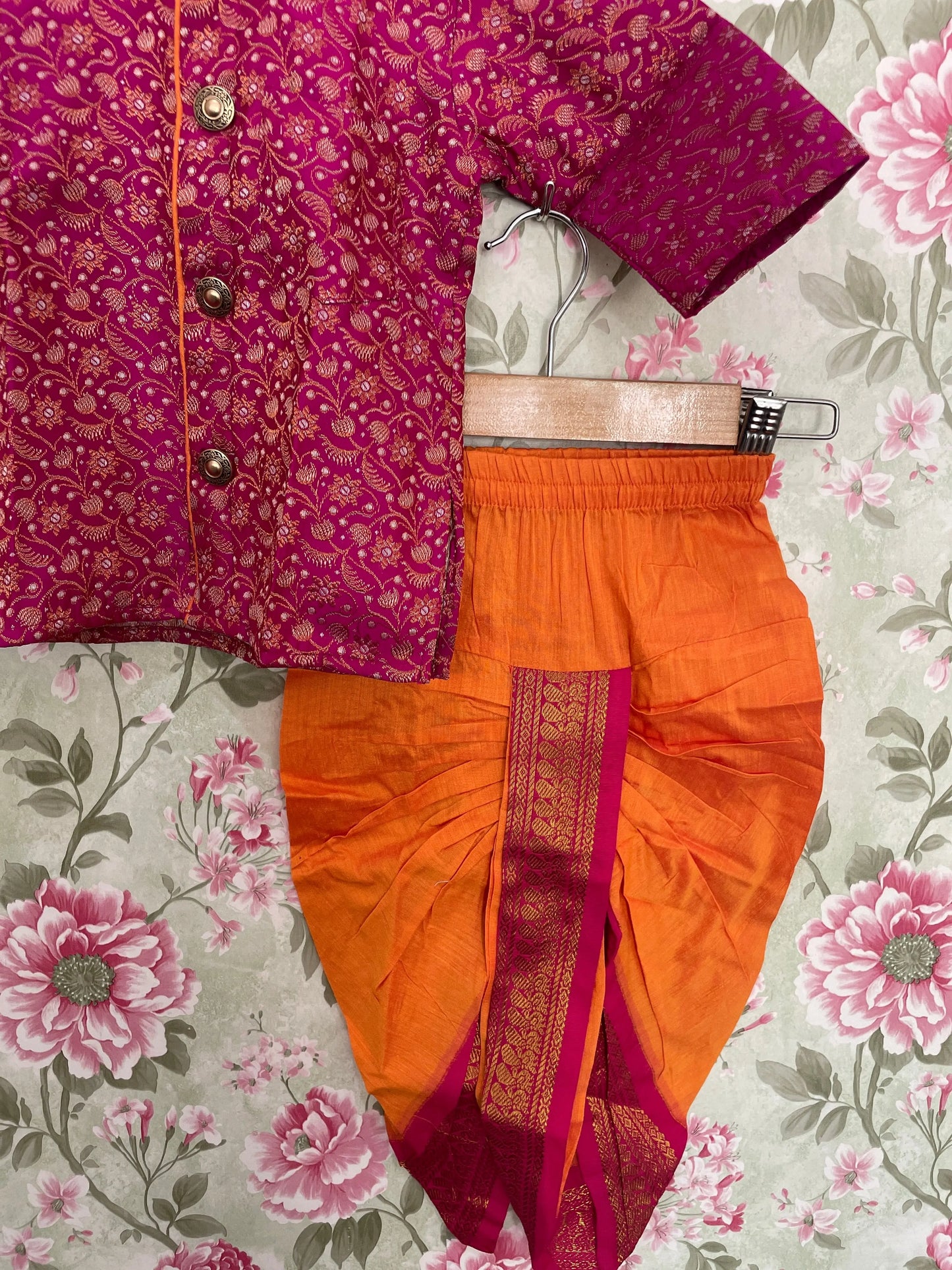 Orange and pink kurta dhoti for baby boy