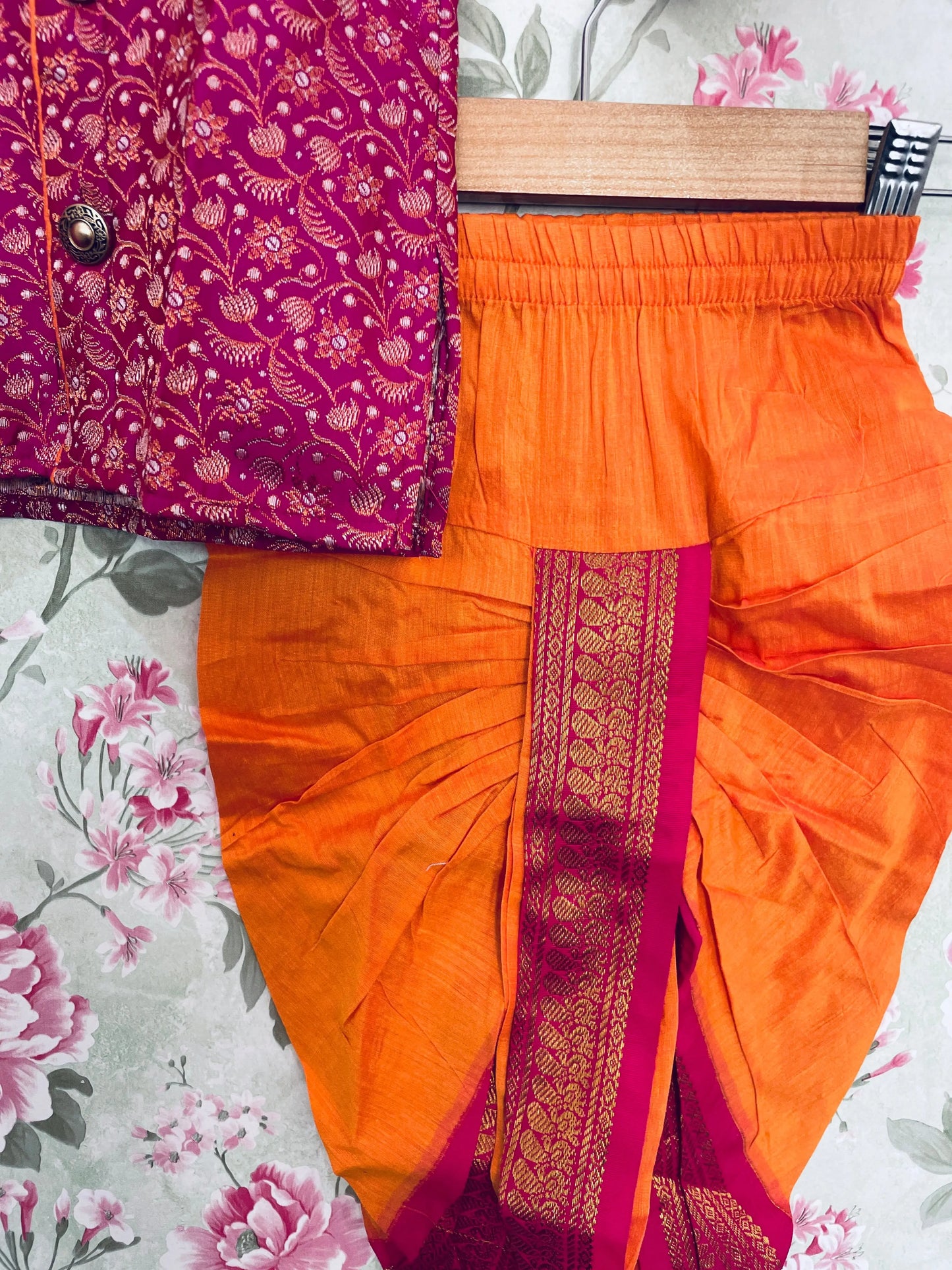 Orange and pink kurta dhoti for baby boy