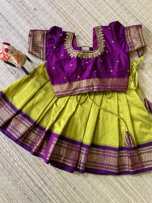 Green and Wine Kids Langa Blouse – Traditional Zari Border Cotton Dress for Baby Girl