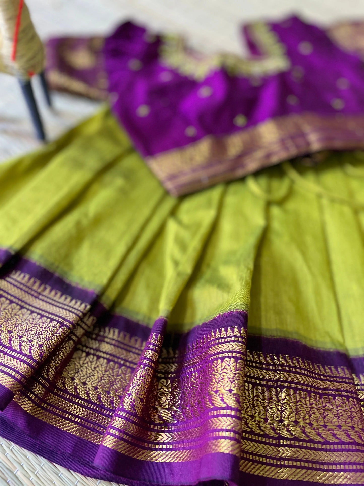 Green and Wine Kids Langa Blouse – Traditional Zari Border Cotton Dress for Baby Girl