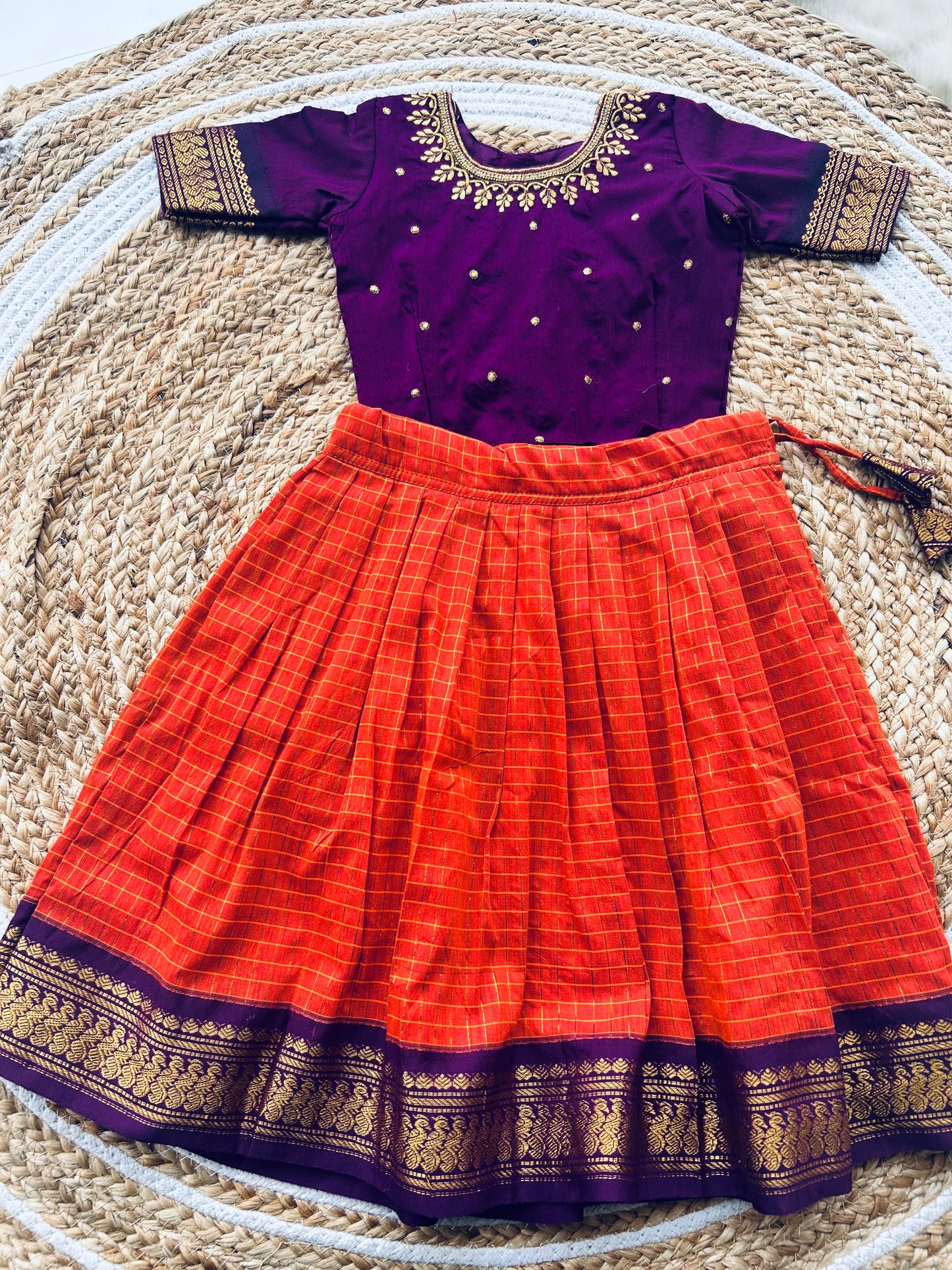 Embroideried Traditional langa blouse / pavadai rust orange with wine for baby girl