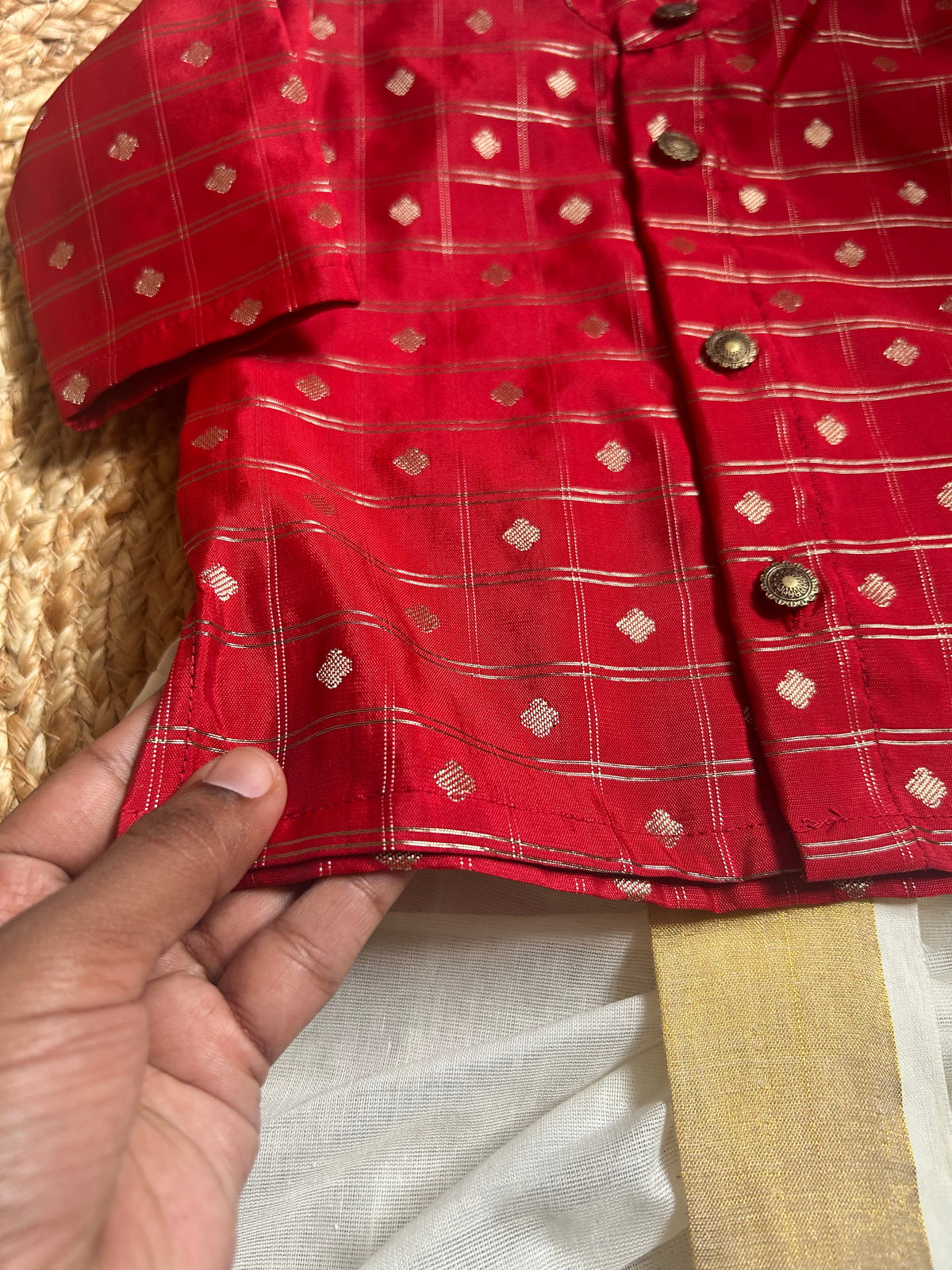 Reshme chowka red kurta with handloom cotton white with zari dhoti ethnic wear for baby boy