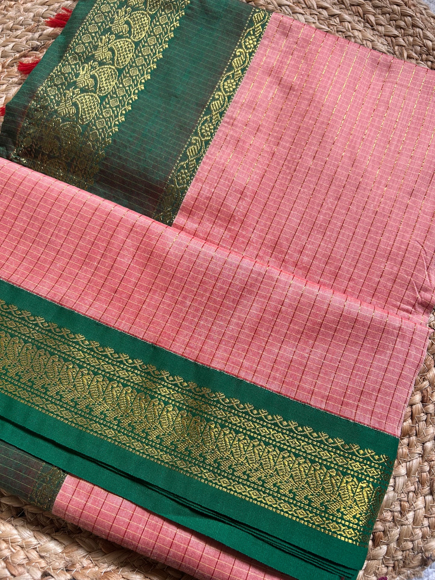Dusty Pink & Bottle Green Handloom Silk Cotton Saree with Gold Zari Border