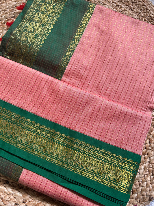 Dusty Pink & Bottle Green Handloom Silk Cotton Saree with Gold Zari Border