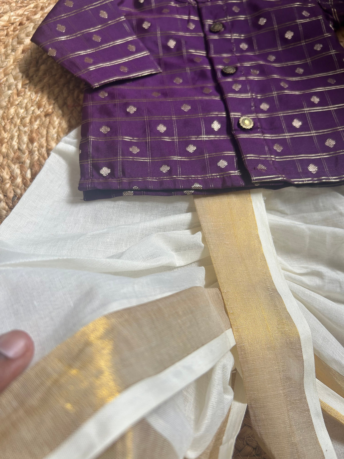 Reshme chowka purple with handloom cotton white with zari dhoti ethnic wear for baby boy