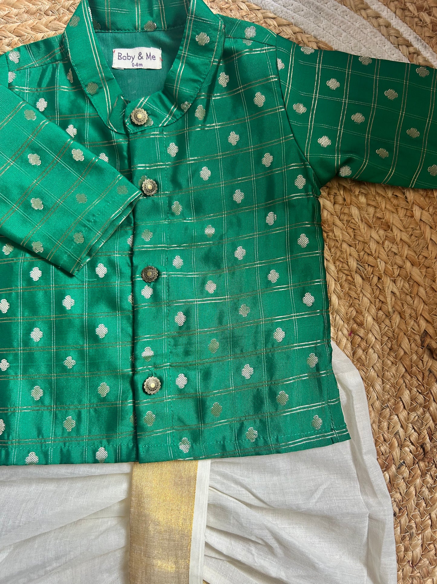 Green with cream reshme chowka Kurta Dhoti for baby boy - Festive Collection
