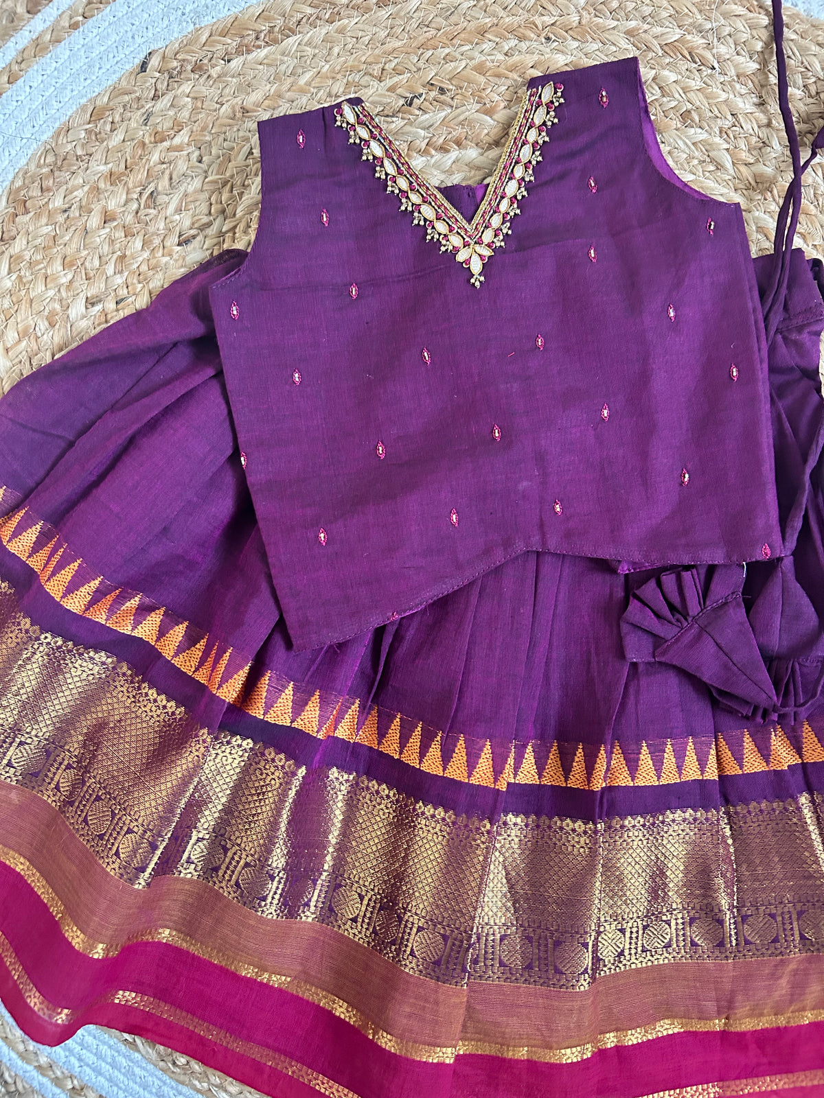 ನೇರಳೆ (Grape) kanchi silk cotton sleeveless heritage langa blouse for baby girl