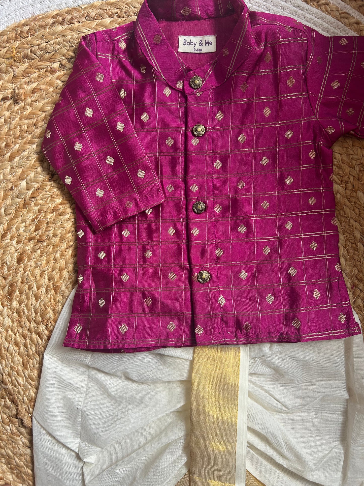 Dark pink with cream reshme chowka Kurta Dhoti for baby boy - Festive Collection