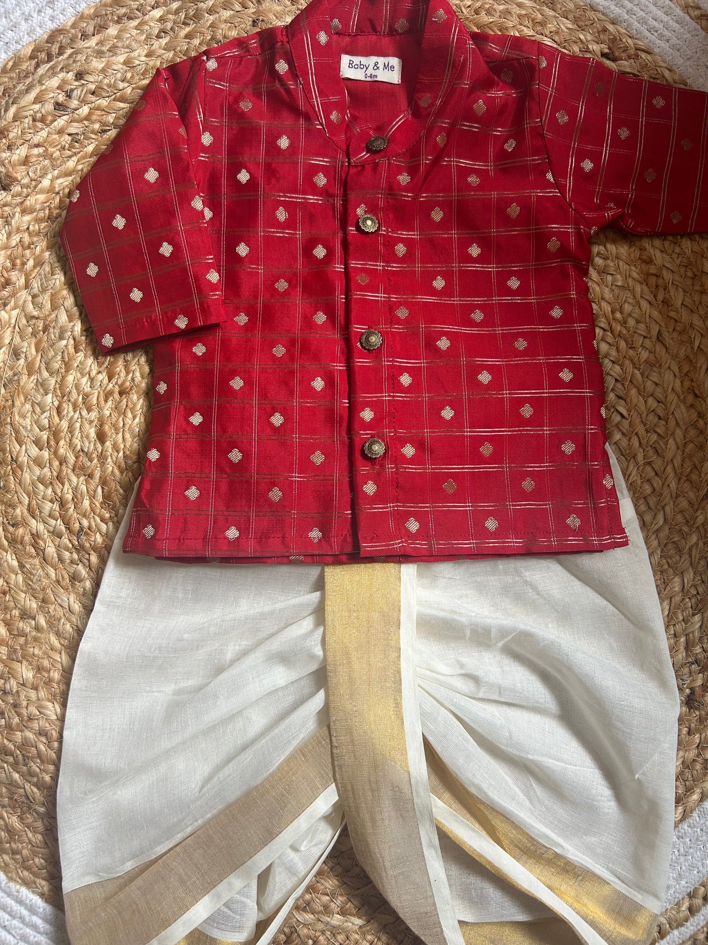 Reshme chowka red kurta with handloom cotton white with zari dhoti ethnic wear for baby boy