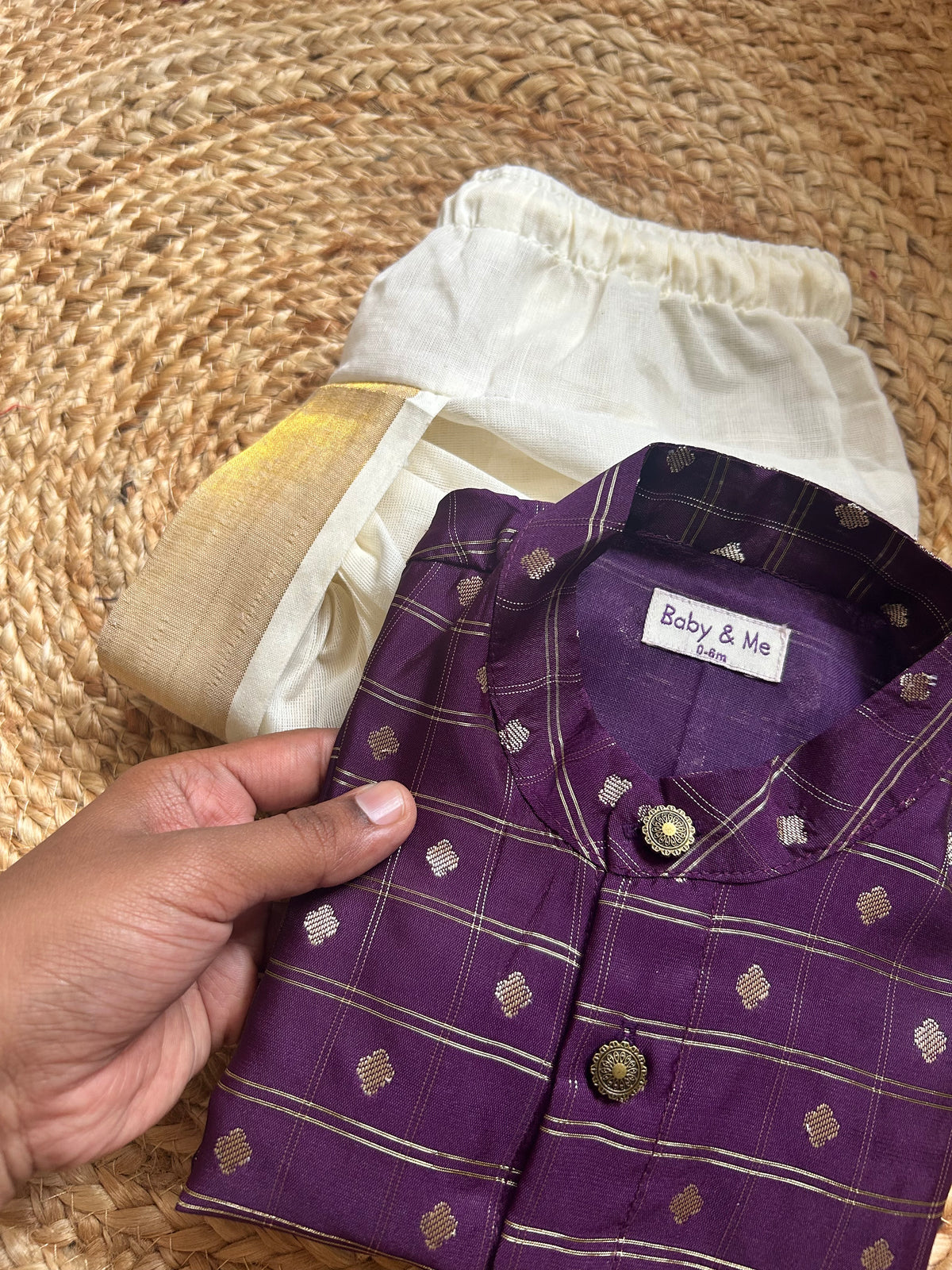 Reshme chowka purple with handloom cotton white with zari dhoti ethnic wear for baby boy