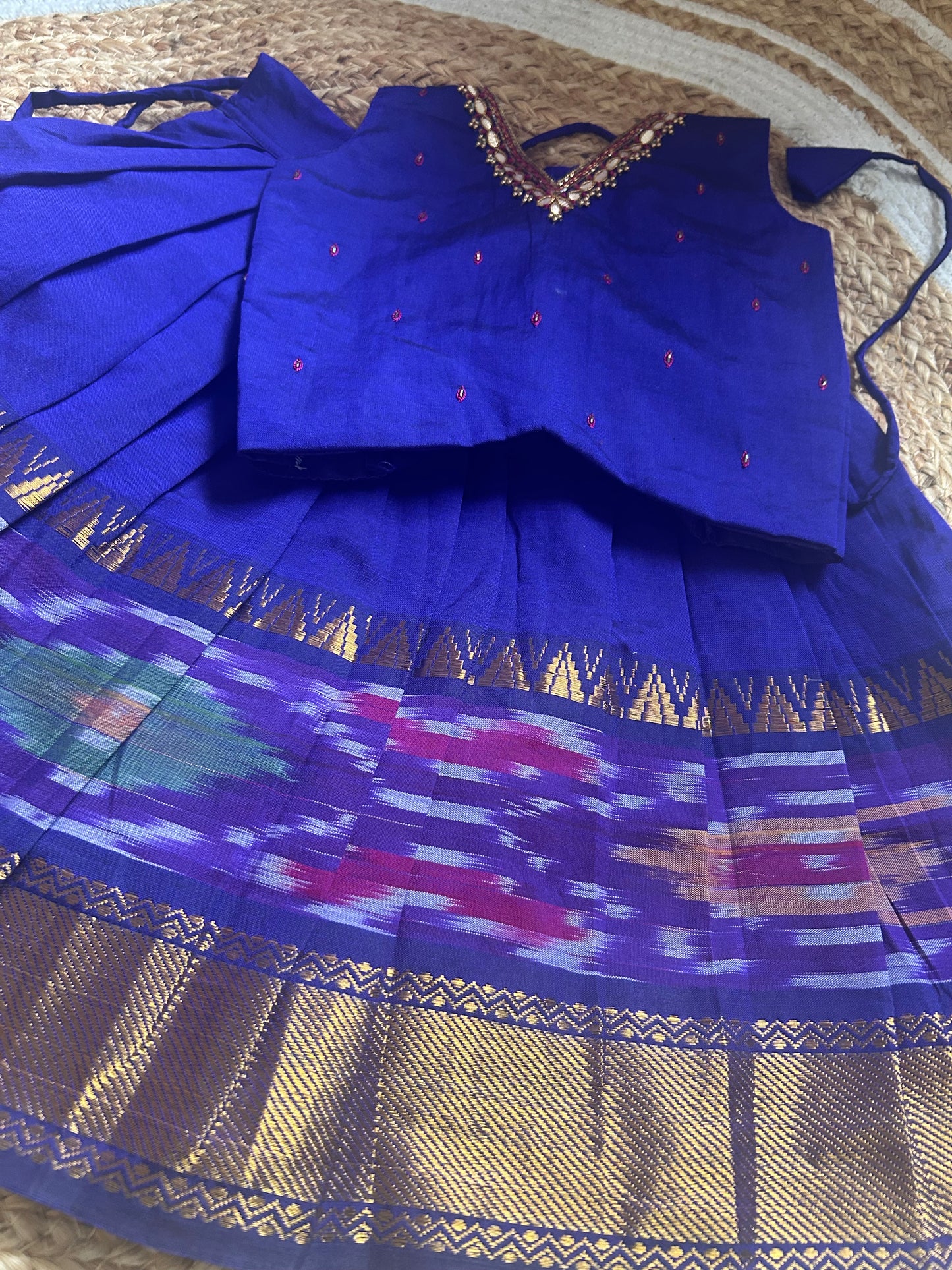 Pochampally border purple kanchi silk cotton sleeveless heritage langa blouse for baby girl