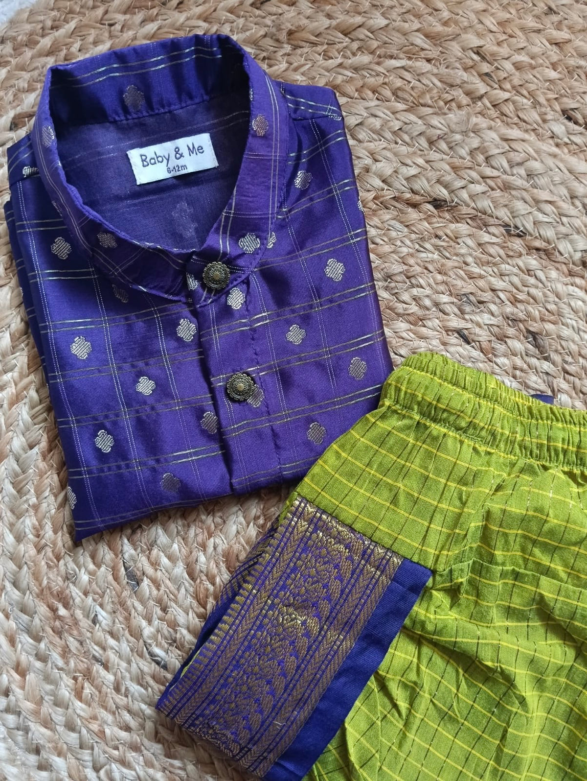 Purple reshme chowka Kurta with green dhoti traditional ethnic wear for baby boy