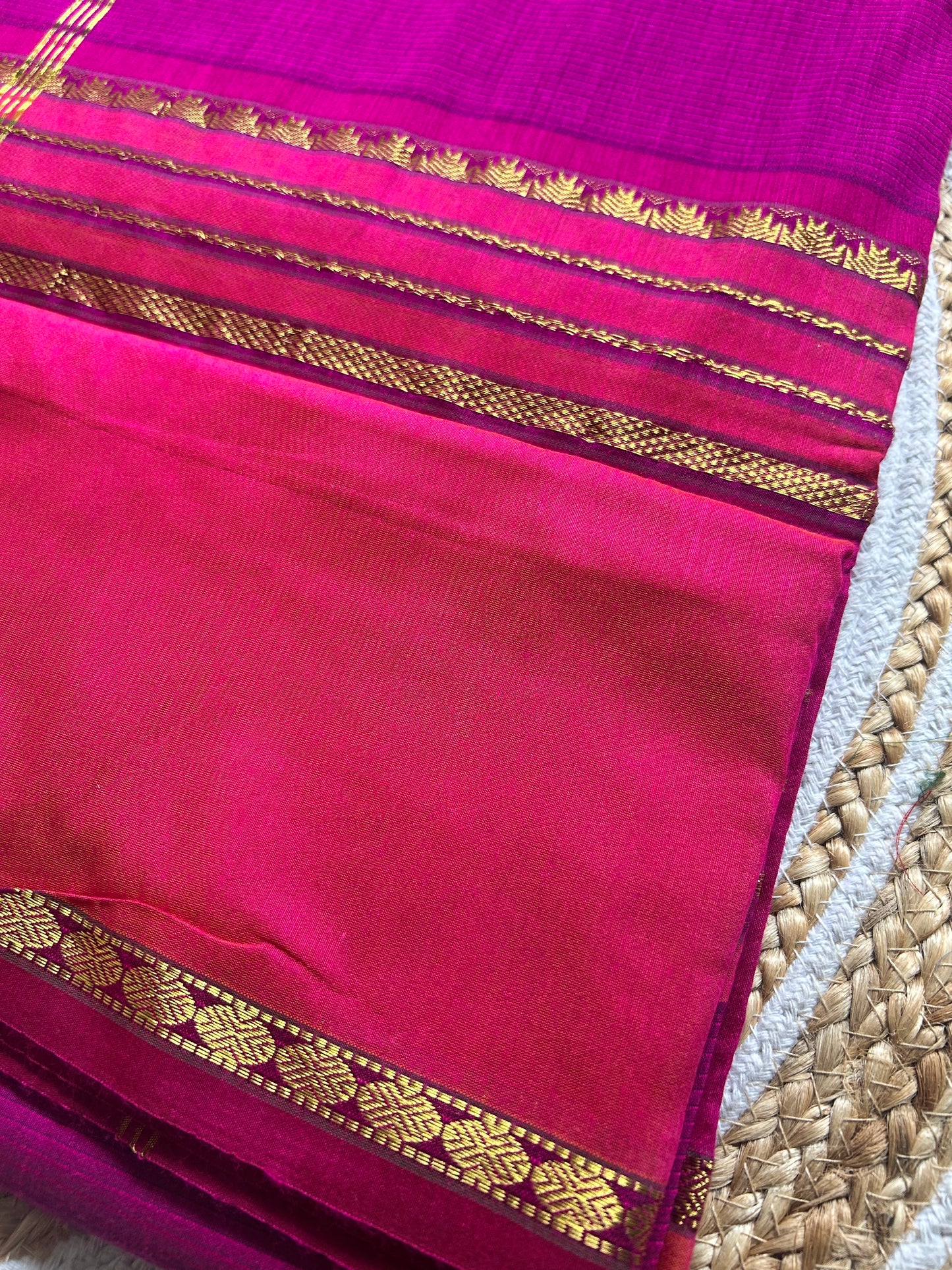 Magenta Pink Handloom Silk Cotton Saree with Gold Zari Leaf Border