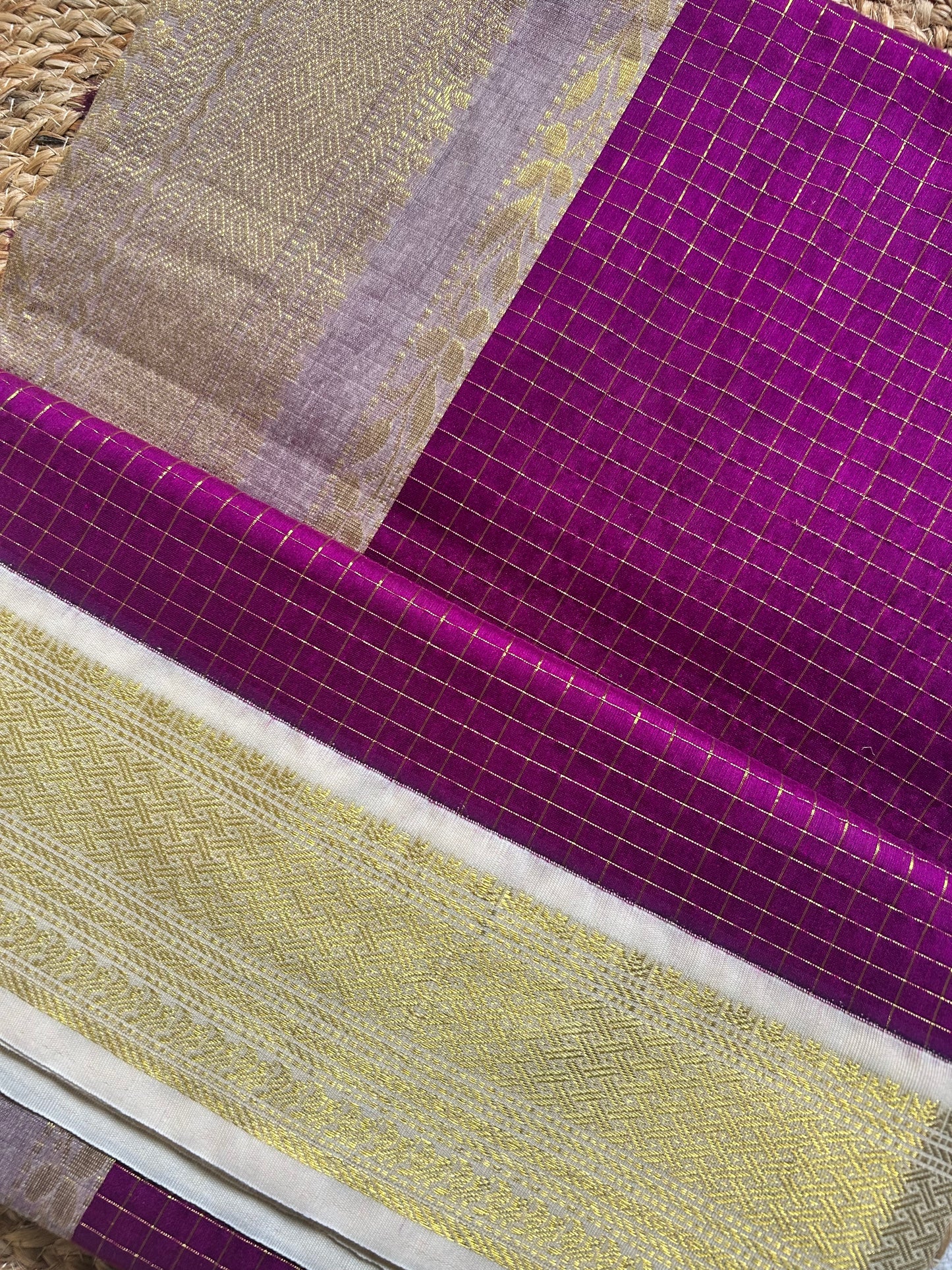 Magenta & Ivory Handloom Silk Cotton Saree with Gold Zari Border