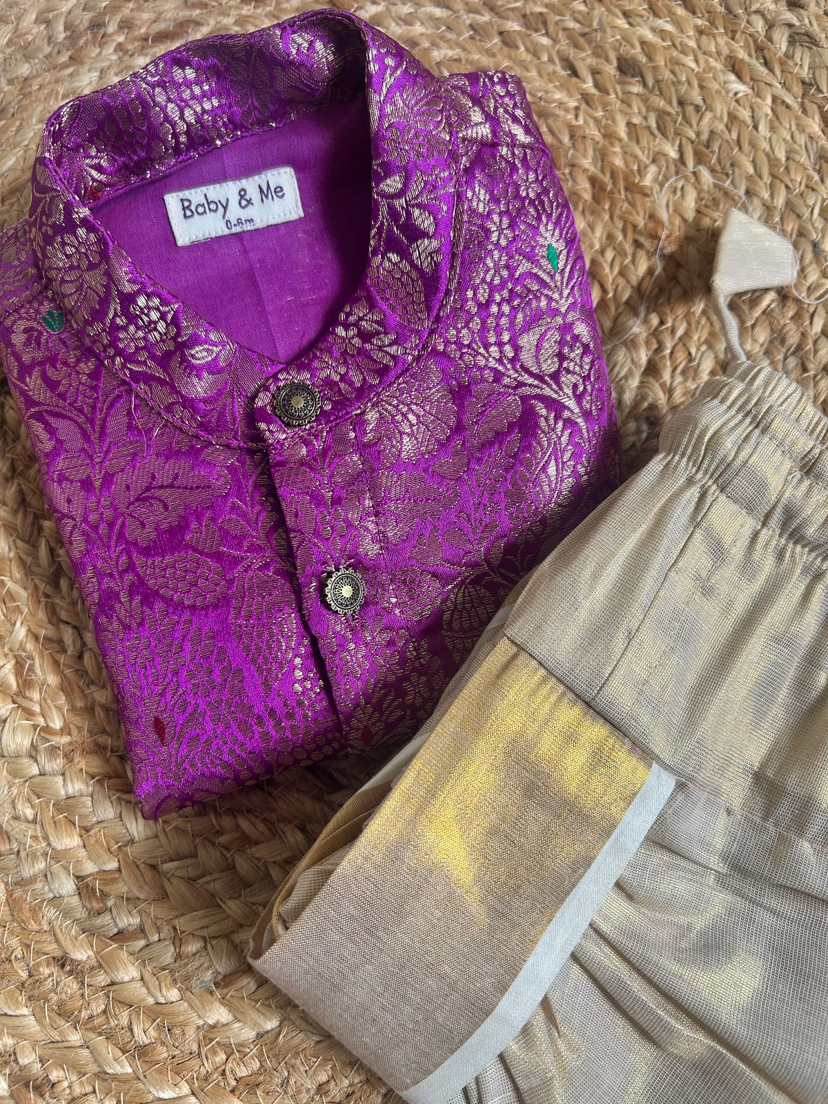 Royal Baingan Deep Purple Banarasi kurta with traditional gold dhoti ethnic wear for baby boy