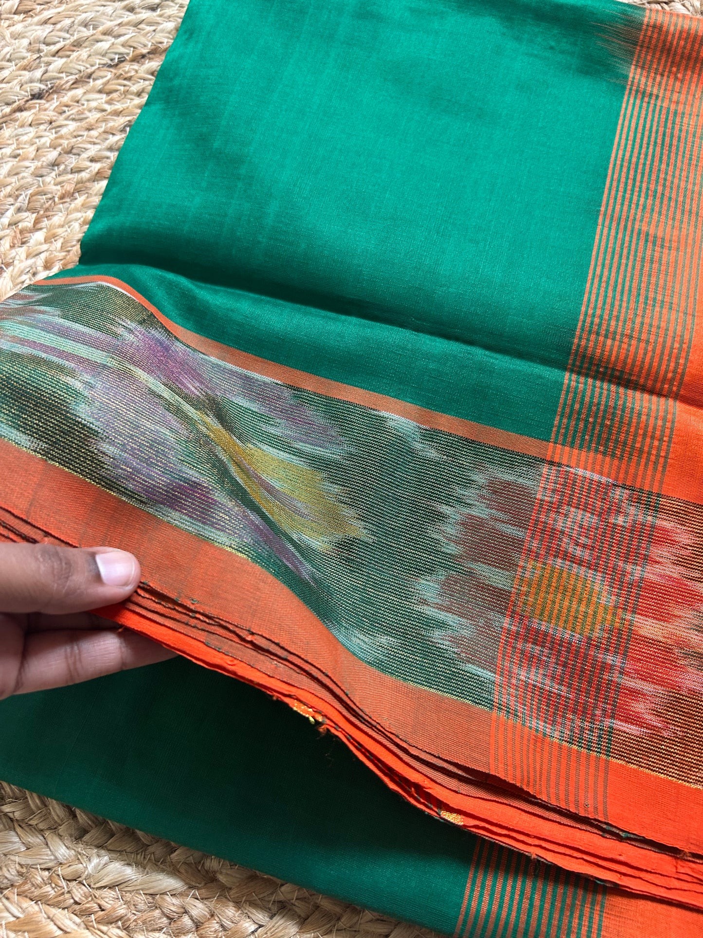 Green Handloom Silk Cotton Saree with Orange Ikat Border & Rich Pallu