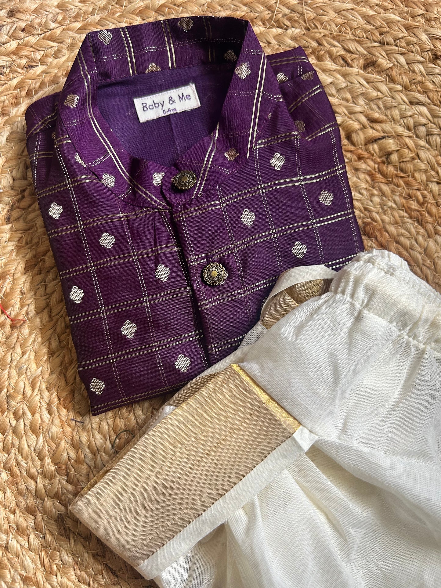 Reshme chowka purple with handloom cotton white with zari dhoti ethnic wear for baby boy