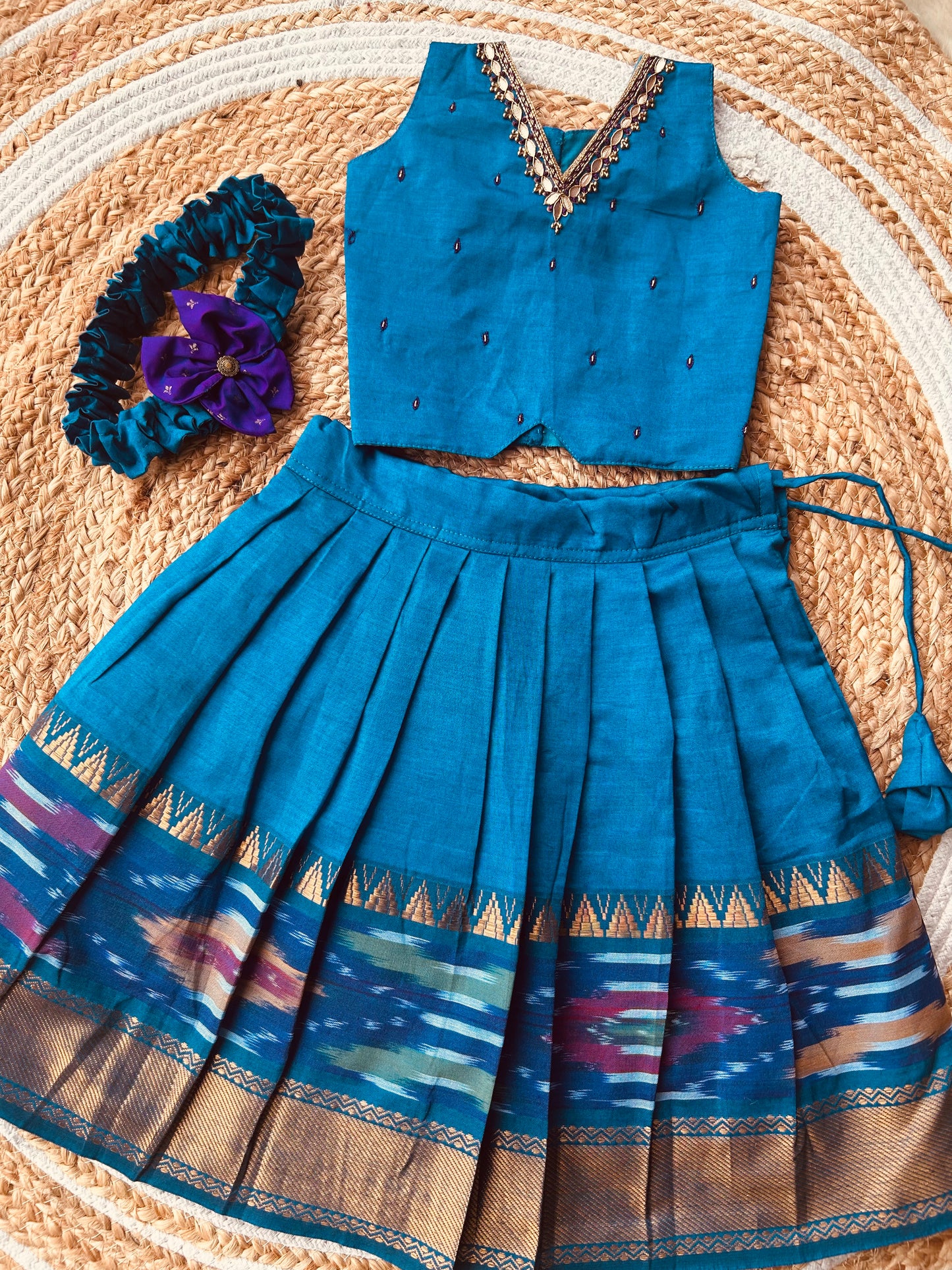 Traditional langa blouse peacock blue pure kanchi cotton weave sleeveless for baby girl