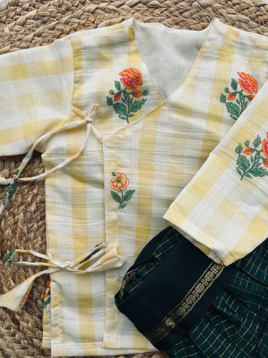 Summer yellow Angrakha with green dhoti comfortable ethnic wear for baby boy