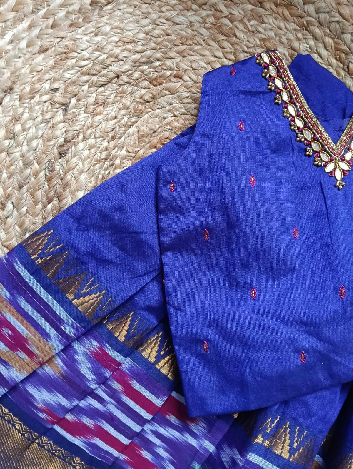 Pochampally border purple kanchi silk cotton sleeveless heritage langa blouse for baby girl