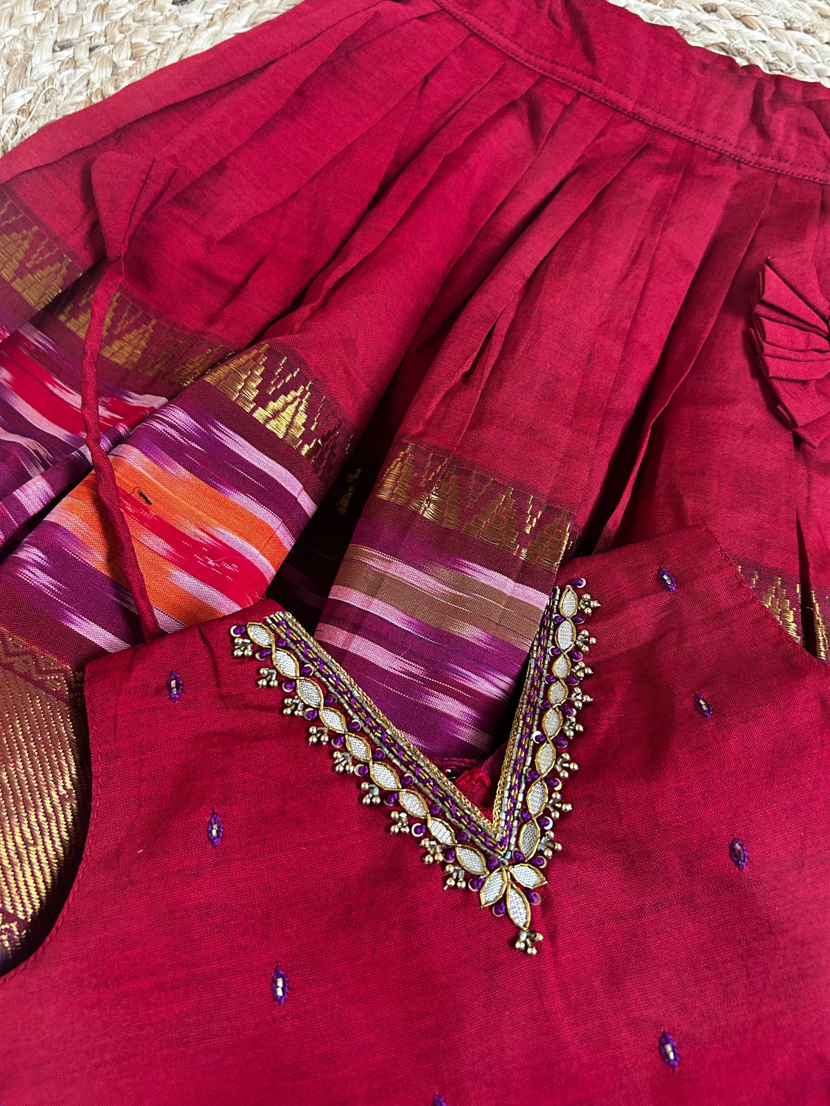 ಕೆಂಪು (Red) kanchi silk cotton sleeveless heritage langa blouse for baby girl
