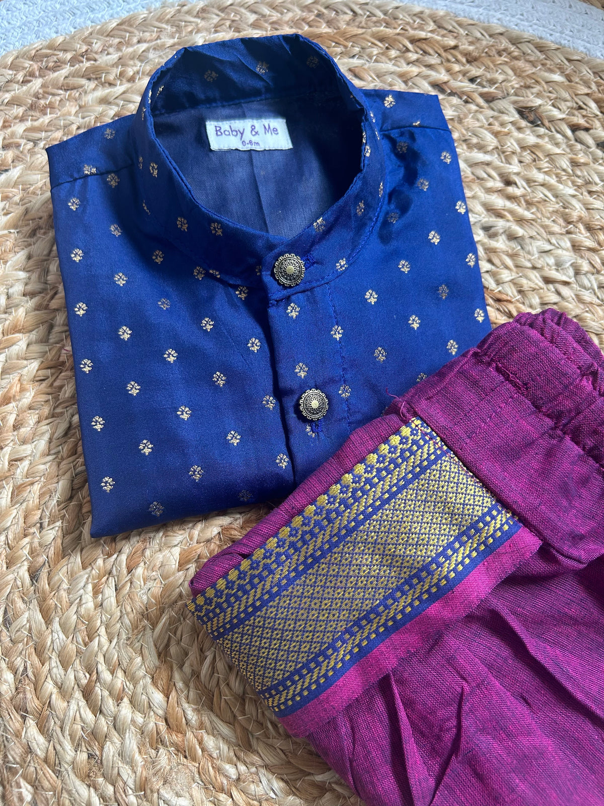Navy blue with pink mangalagiri cotton traditional kurta dhoti for baby boy