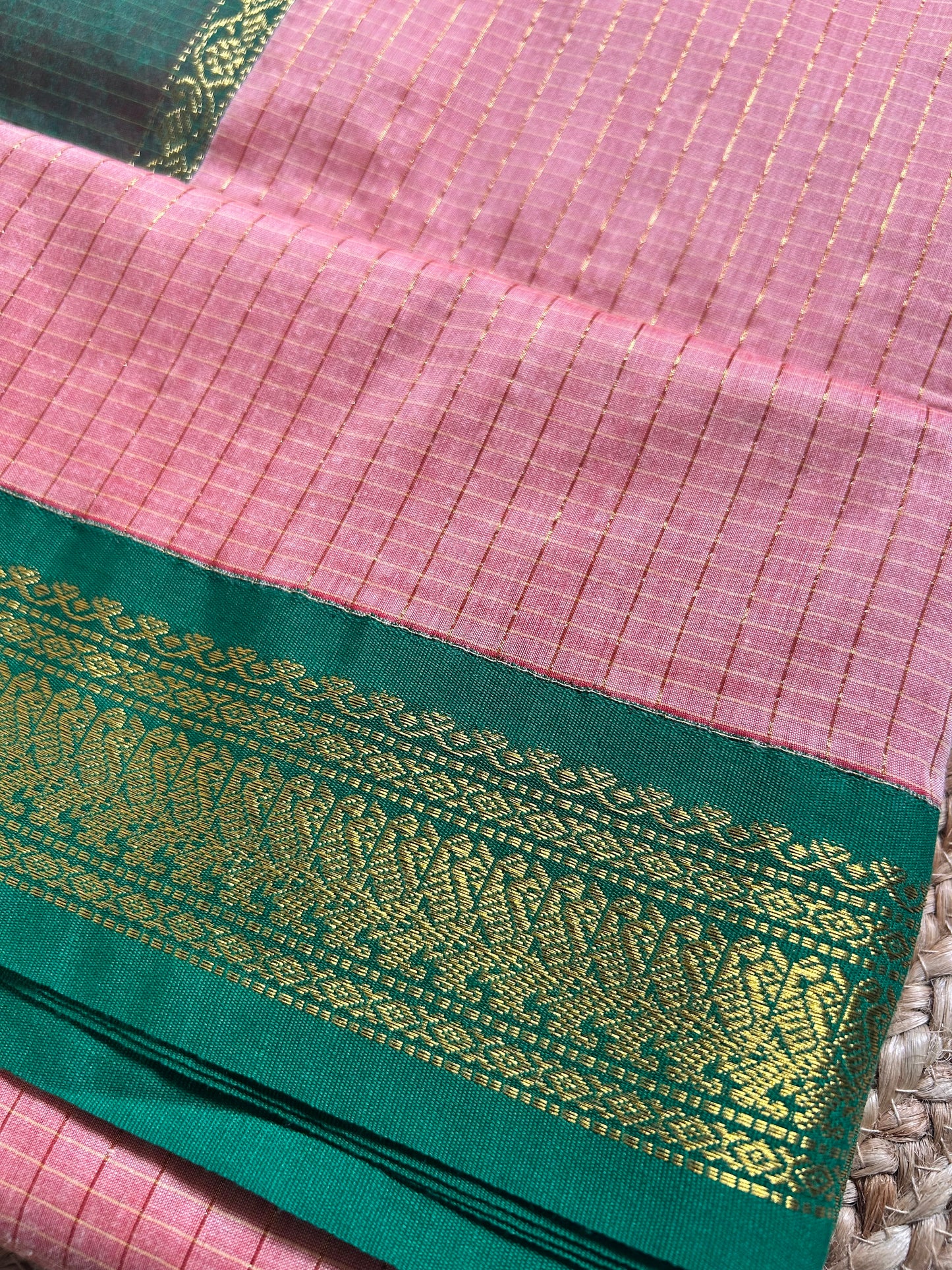 Dusty Pink & Bottle Green Handloom Silk Cotton Saree with Gold Zari Border