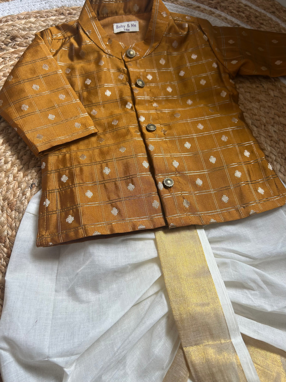 Honey gold with cream reshme chowka Kurta Dhoti for baby boy - Festive Collection