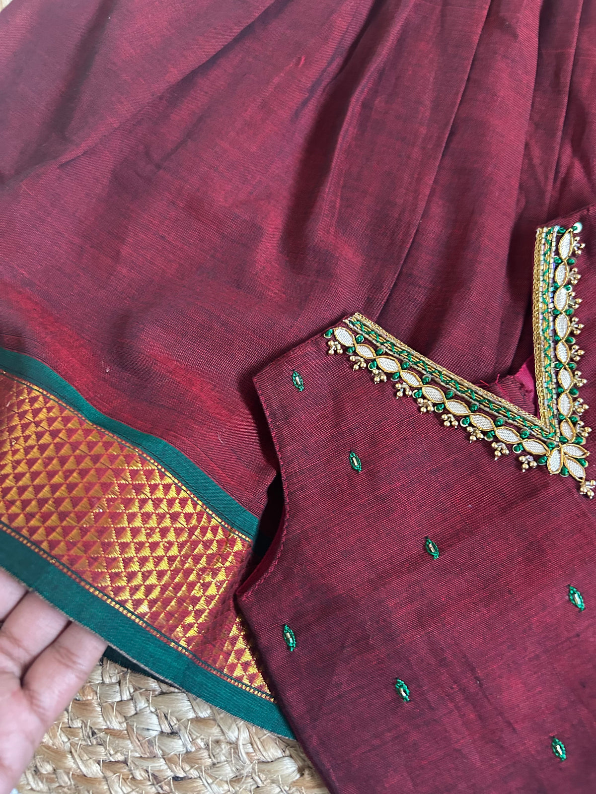 ಗಾಢ ಕೆಂಪು (Maroon) kanchi silk cotton sleeveless heritage langa blouse for baby girl