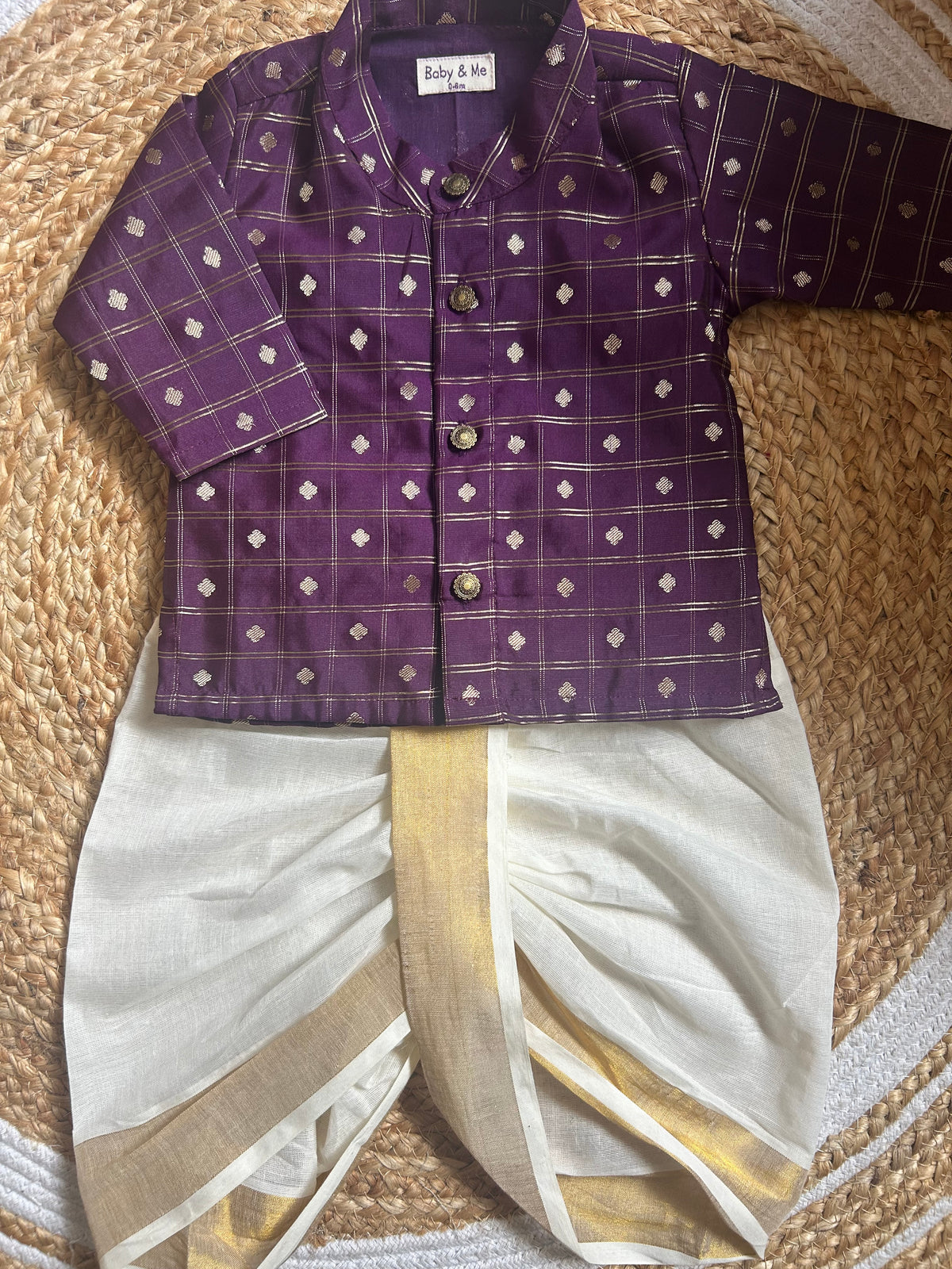 Reshme chowka purple with handloom cotton white with zari dhoti ethnic wear for baby boy