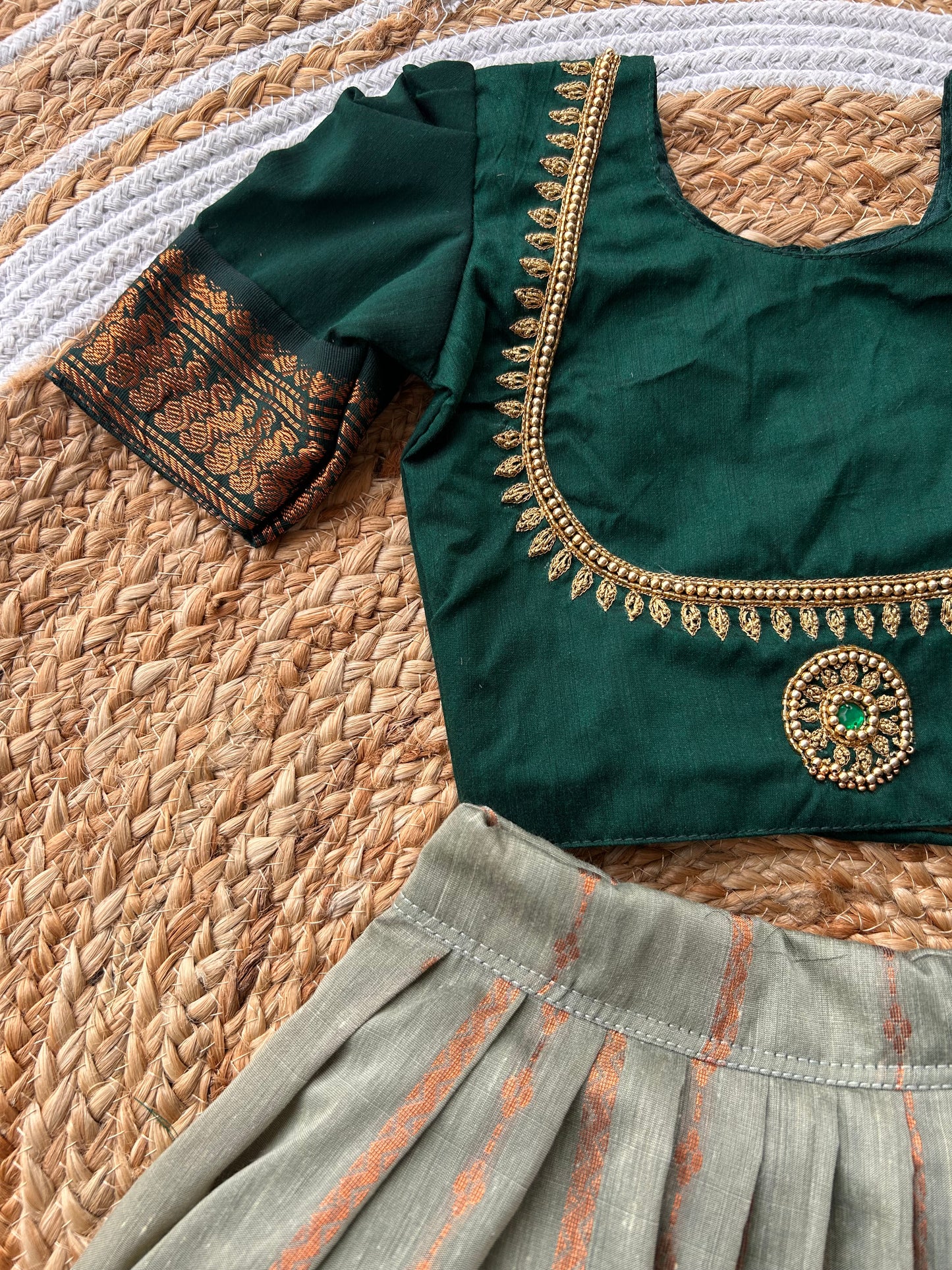 Little Lakshmi Traditional pavadai pure cotton with zari weaving and hand embroidery langa blouse set for baby girl