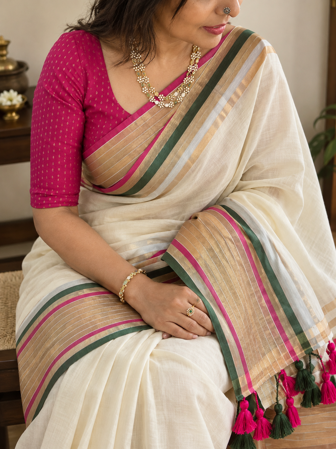 Off white soft mul cotton with kanchi border light weight saree - Pink & Green