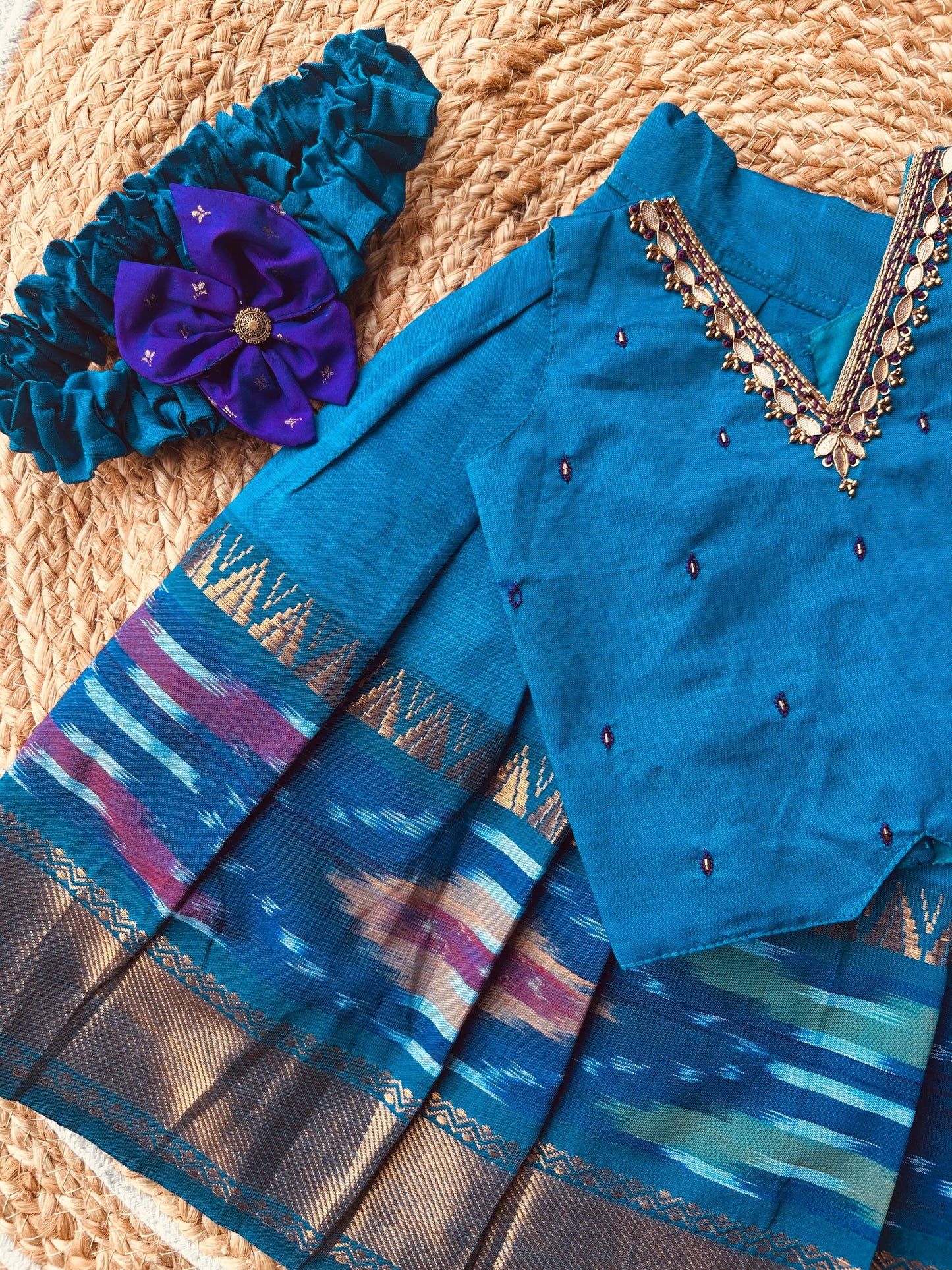Traditional langa blouse peacock blue pure kanchi cotton weave sleeveless for baby girl