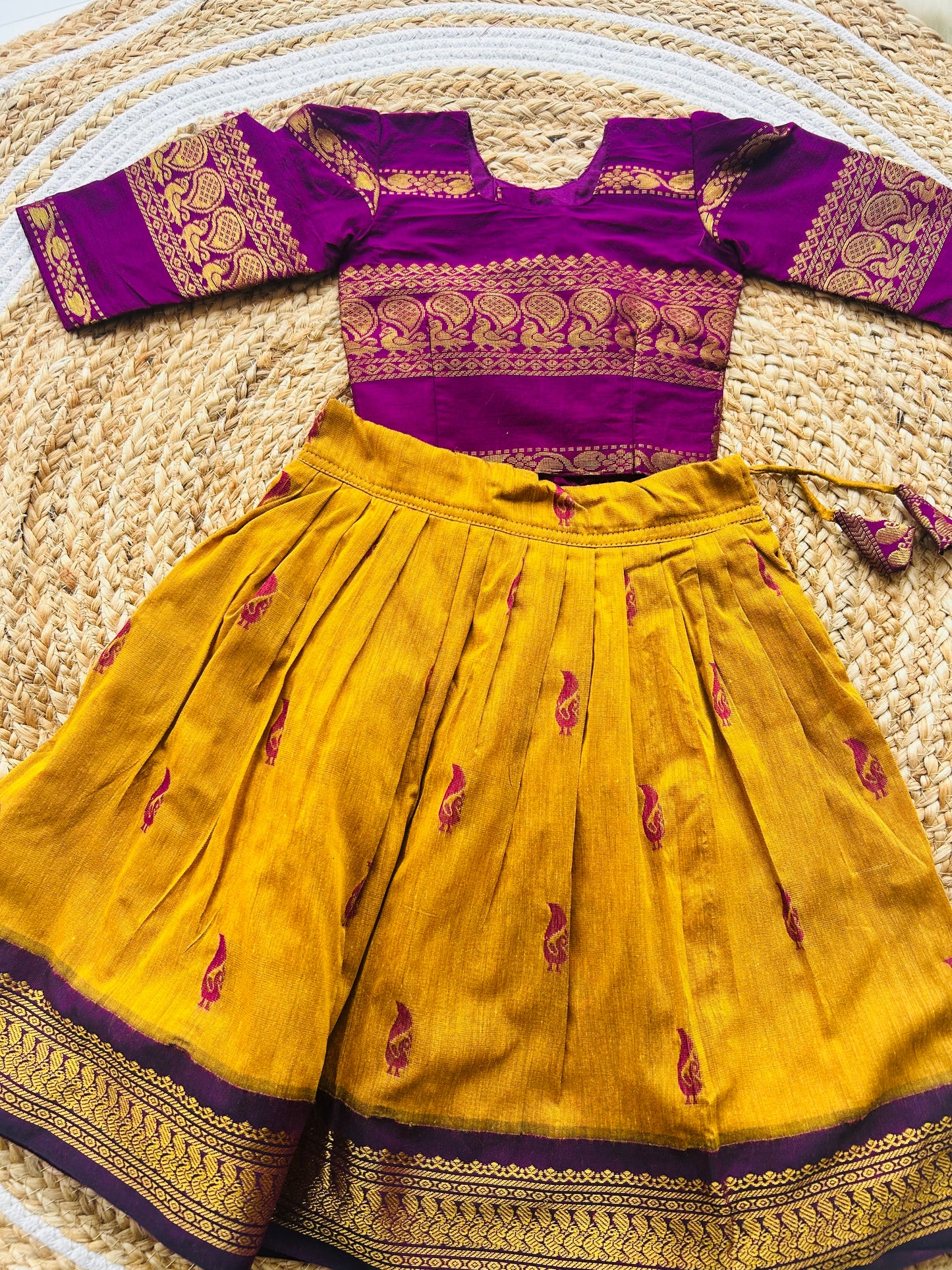 Traditional langa blouse / pavadai mustard yellow with wine for baby girl
