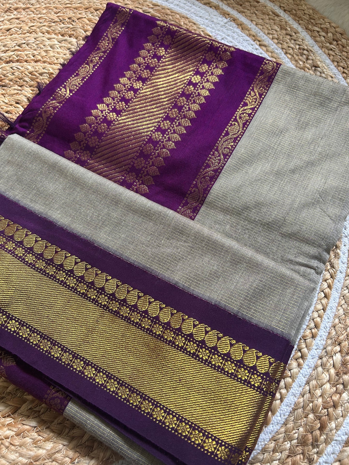 Ash Grey & Purple Handloom Silk Cotton Saree with Gold Zari Border