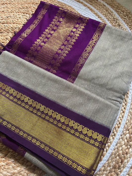Ash Grey & Purple Handloom Silk Cotton Saree with Gold Zari Border