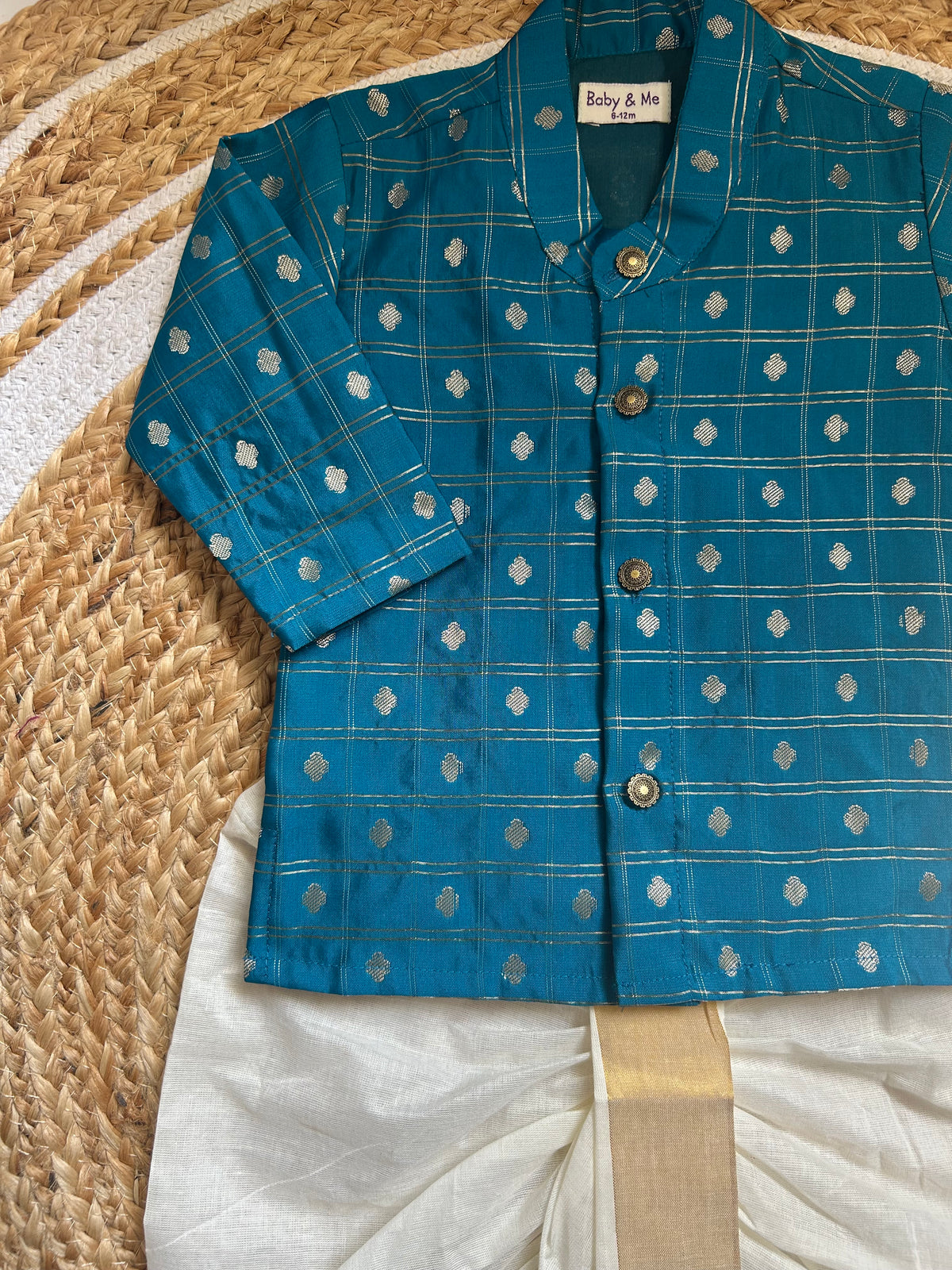 Aqua blue reshme chowka kurta with white dhoti traditional ethnic wear for baby boy