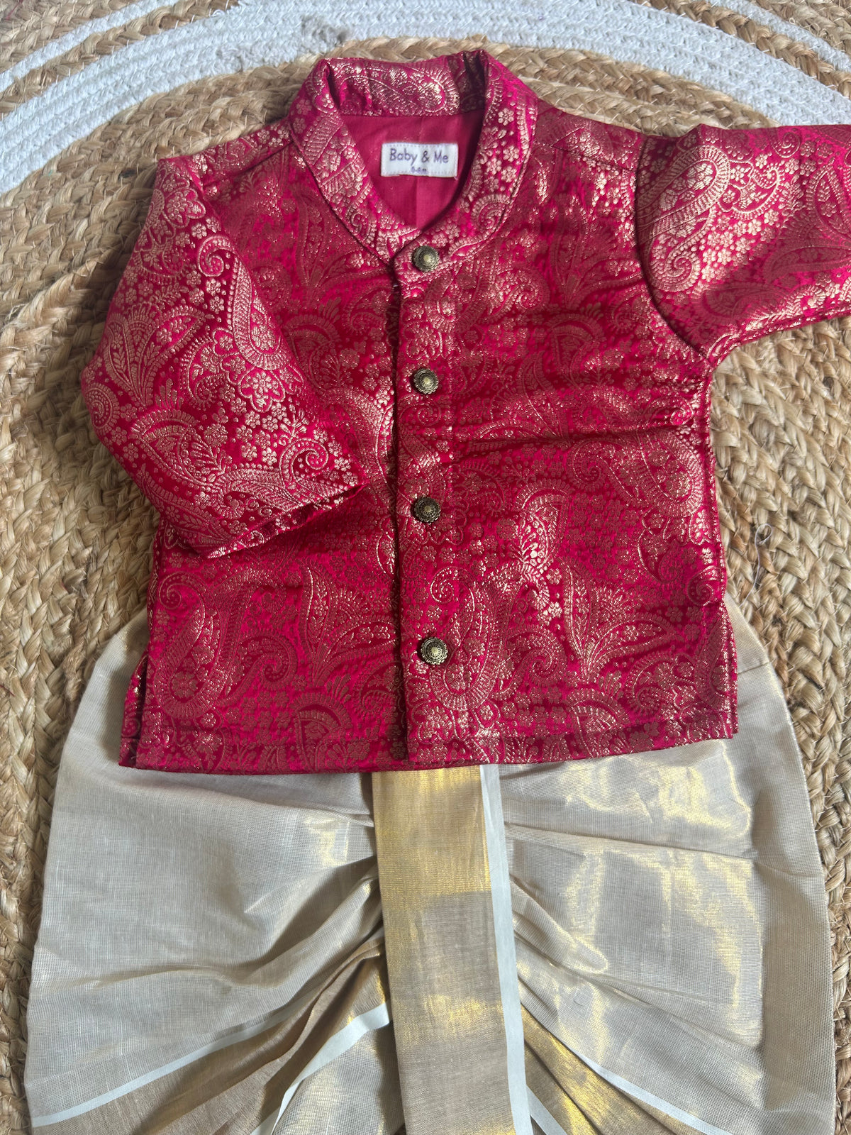 Grand Ethnic Celebration Pink Banarasi kurta with traditional gold dhoti ethnic wear for baby boy