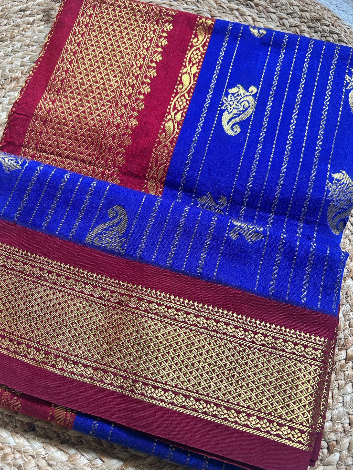 Royal Blue & Maroon-Pink Handloom Silk Cotton Saree with Gold Zari Paisley Border