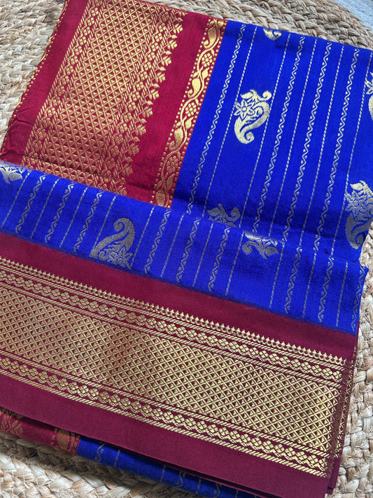 Royal Blue & Maroon-Pink Handloom Silk Cotton Saree with Gold Zari Paisley Border