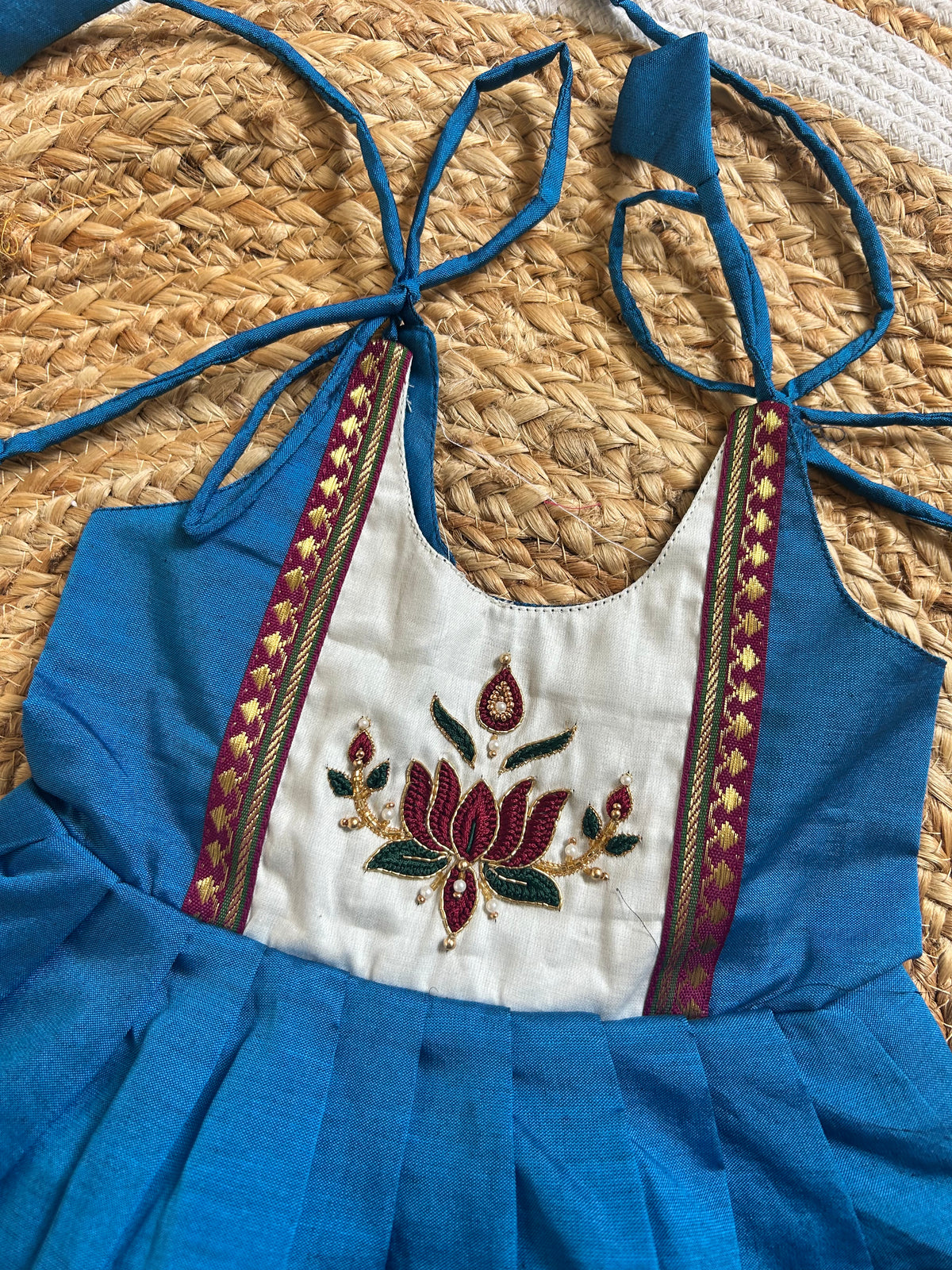 Peacock Blue Lotus Embroidered Multi-Layered Ethnic Wear for Baby Girl – Traditional frock for Baby Girl