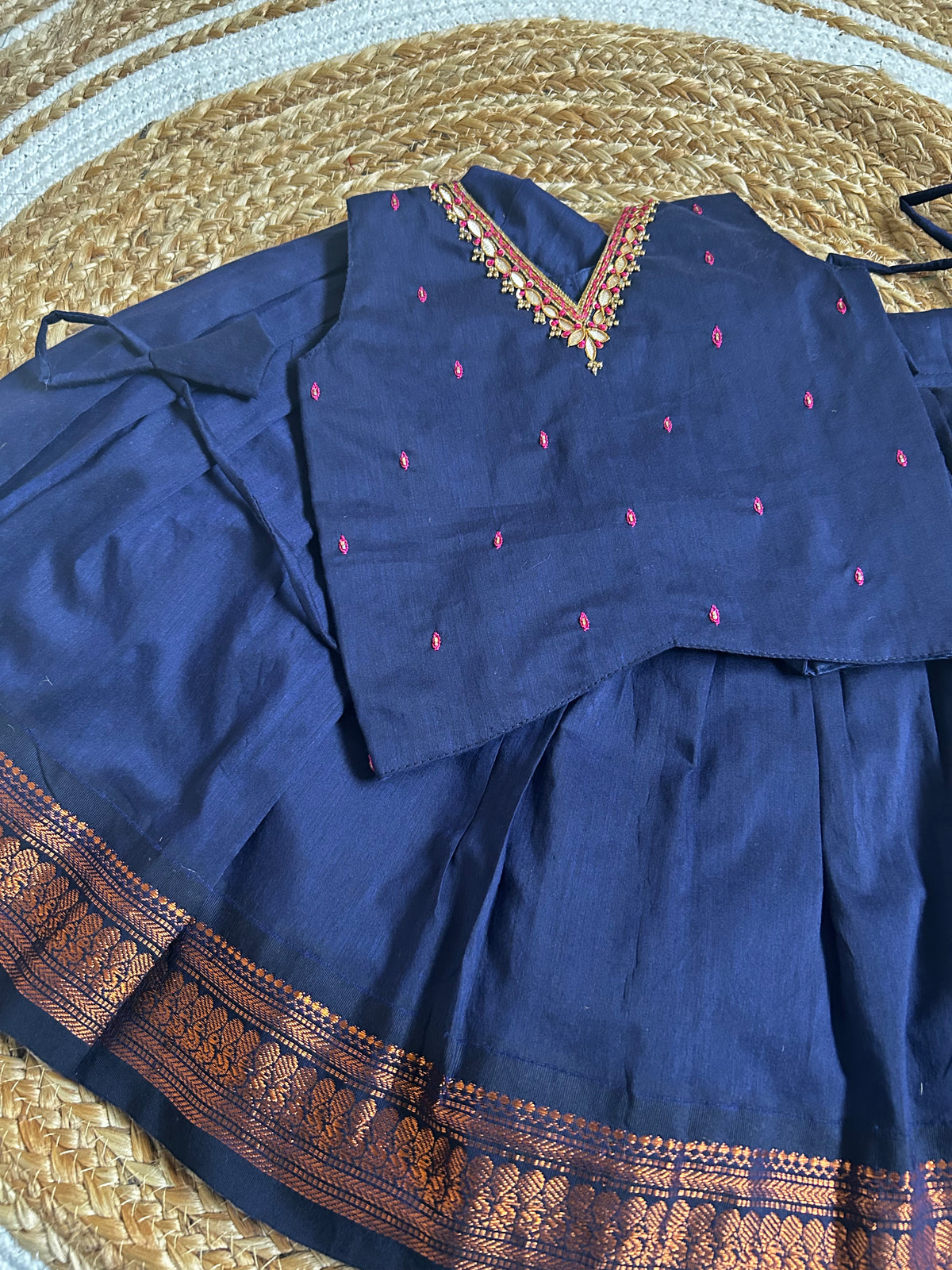 ನೀಲಿ (nīli) kanchi silk cotton sleeveless heritage langa blouse for baby girl
